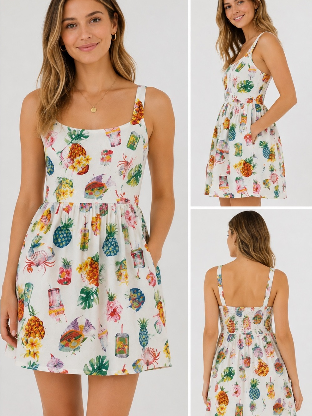 White Tropical Print Mini Dress with Adjustable Straps